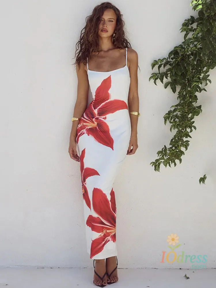 IO Dress Mozision Floreal Print Long Dress For Women Gown Summer New Spaghetti Strap Sleeveless Backless Bodycon Sexy Midi Dress Elegant IO Dress
