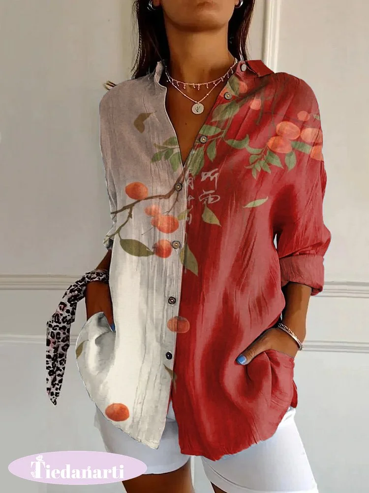 Japanese Peach Tree Print Casual Long-sleeved Shirt