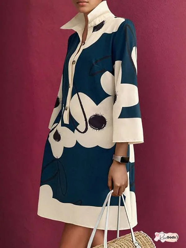 A-Line Loose Buttoned Flower Print Stand Collar Mini Dresses