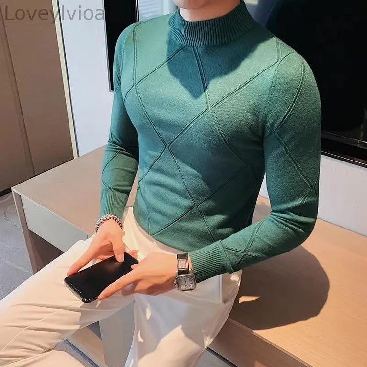 M's Mock Neck Grid Rhombic Sweater