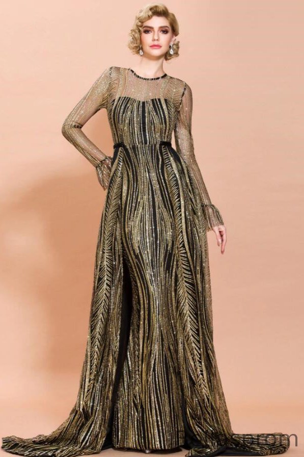 Bellasprom Sequins Prom Dress Long Evening Gowns Overskirt Long Sleeve Bellasprom