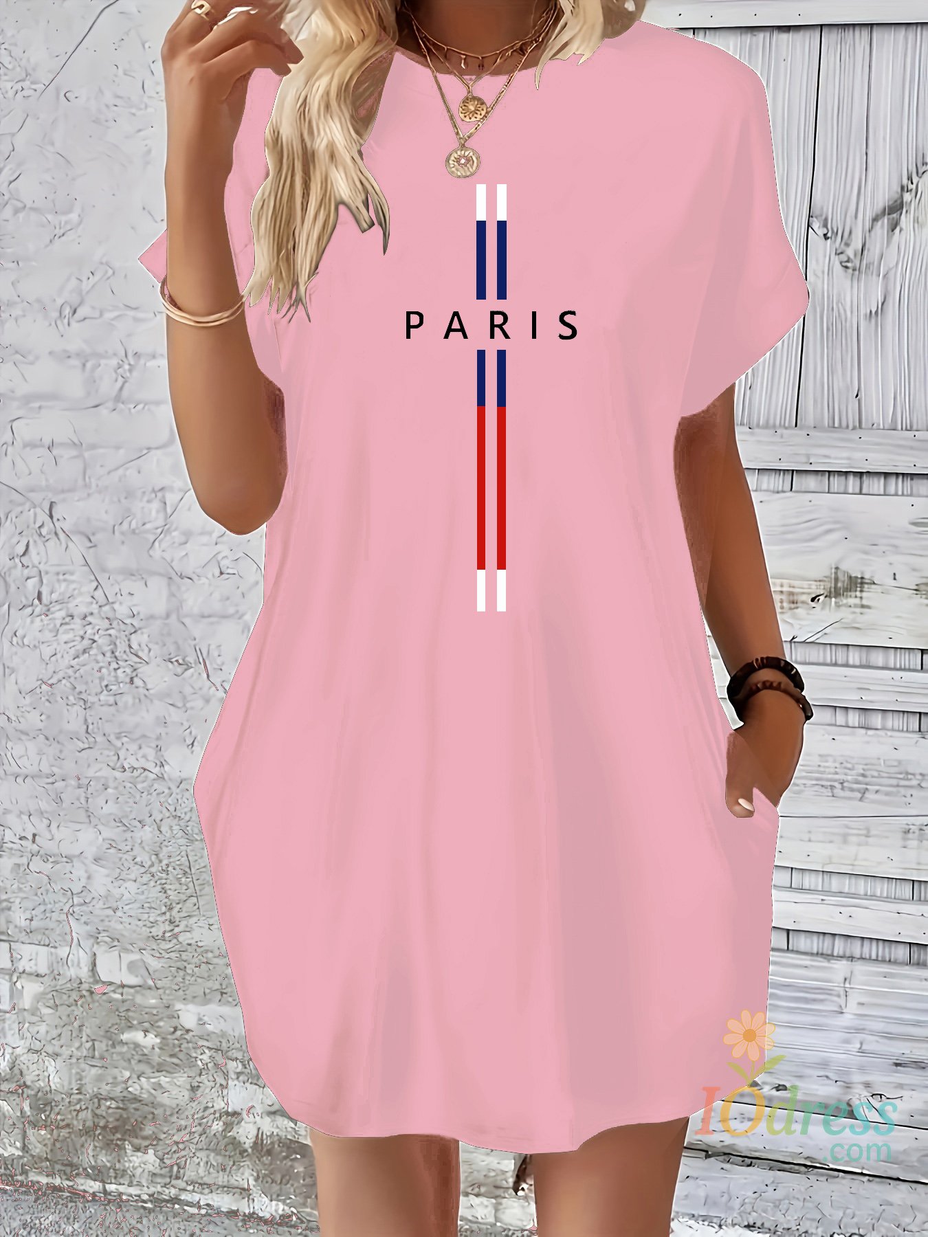 IO Dress Women's summer loose classic Paris letter pattern printed round neck short sleeved pocket comfortable casual dress