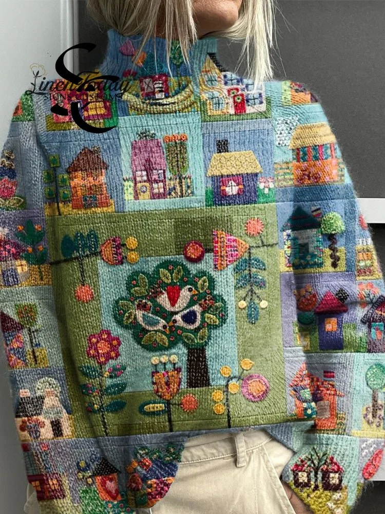 Stitching Art Fun Cute Patterns Print Knit Turtleneck Pullover Sweater