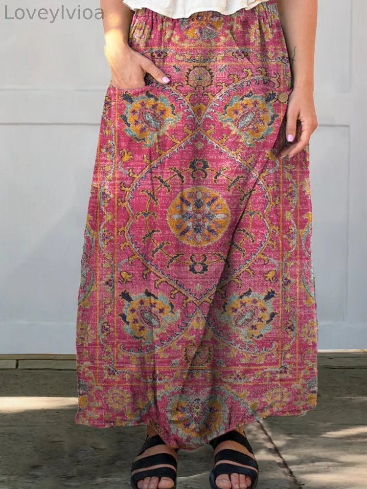 Women's Retro Floral Totem Print Linen Pocket Skirt