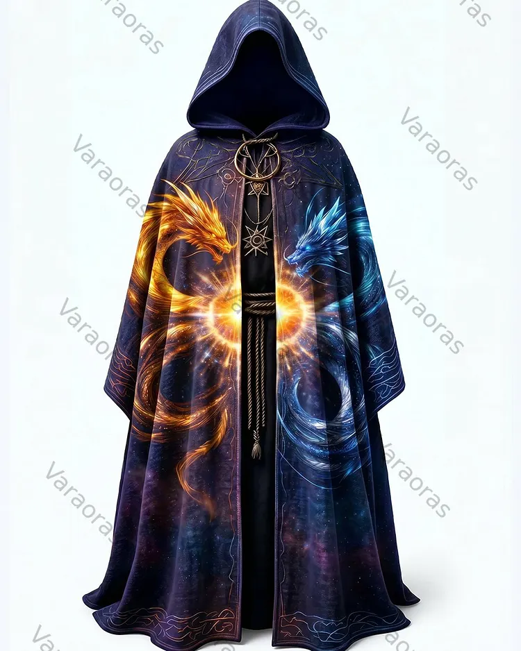 Men's Fashion Two-Tone Dragon Print Linen Hooded Cape 3811