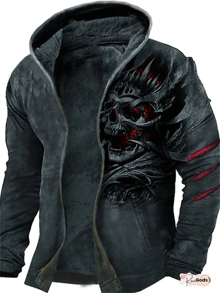 Men's Fleece Jacket Full Zip Hoodie Fleece Hoodie Sherpa Jacket Dark Gray Hooded Skull Graphic Prints Zipper Print Sports & Outdoor Daily Sports 3D Print Fleece Streetwear Designer Casual Winter