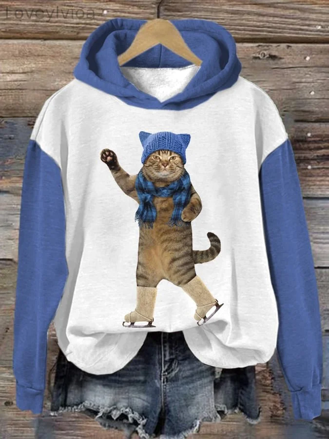 Women's Casual Color Block Cat Print Hooded Long Sleeve Sweatshirt