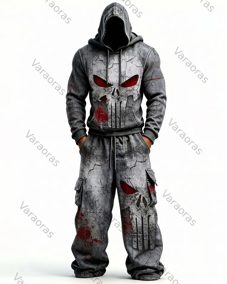 Men's Fashion Skull Contrast Color Embroidered Hoodie & Pants Two-Piece Set 5164