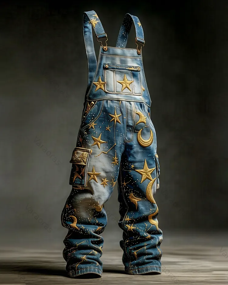 Men's Summer Star and Moon Embroidered Tie-Dye Overalls 6866
