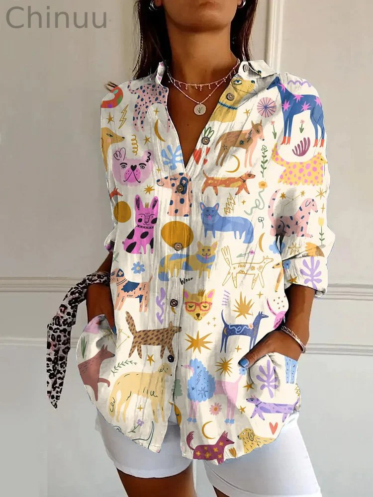 Funny and Cute Cartoon Dog Print Casual Long Sleeve Shirt
