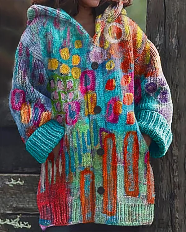 Retro Color Abstract Print Hooded Cardigan