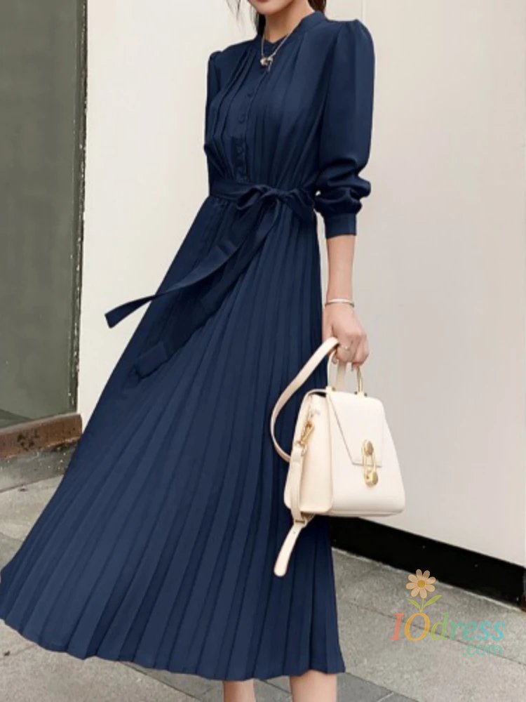 IO Dress Long Dress New Summer Long Sleeve with Slim Fit Waist Cinching Slimming Tie Up Shirt Collar Elegant Pleated Skirt Vintage Dress