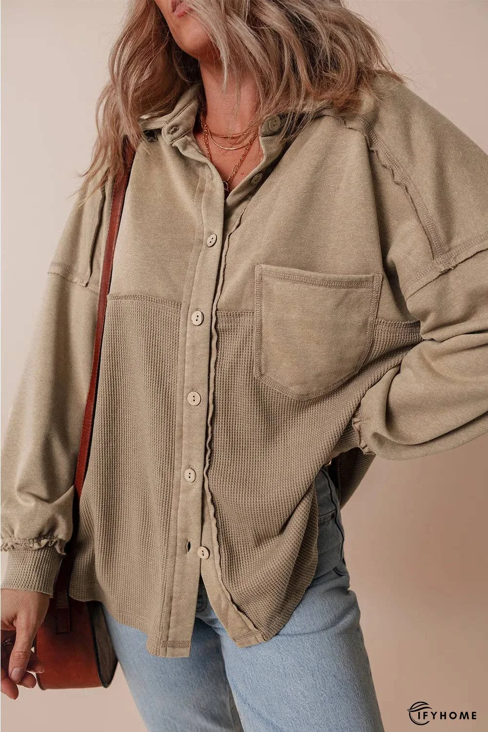 Waffle-Knit Collared Neck Long Sleeve Shacket | IFYHOME