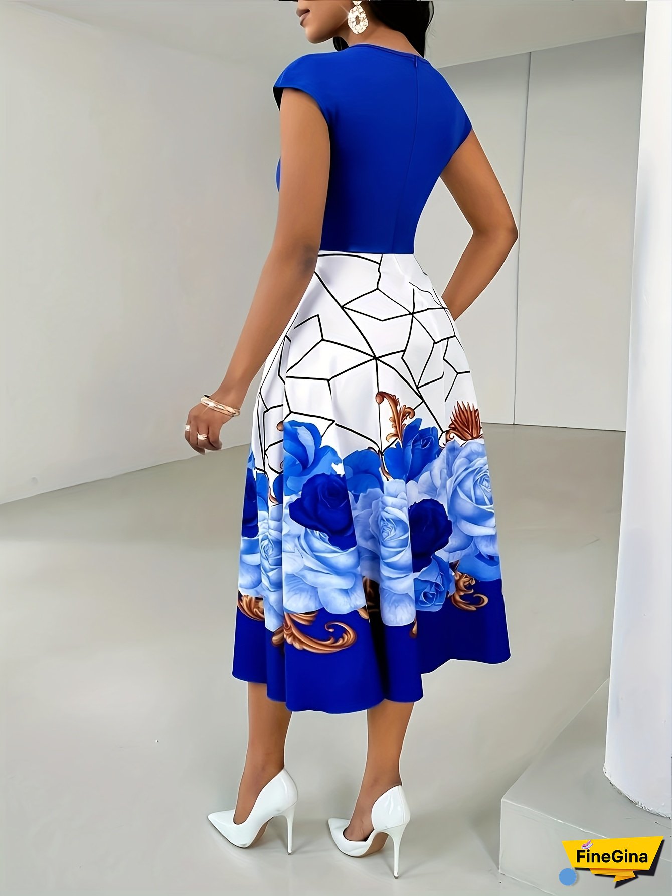 Women's Elegant Summer A-Line Dress - Blue Floral Print & White Geometric Contrast, Round Neck Short Sleeve Midi Dress with Flared Hem, Machine Washable for Casual & Formal Occasions, Cute Summer Dresses, Nontransparent Fabric