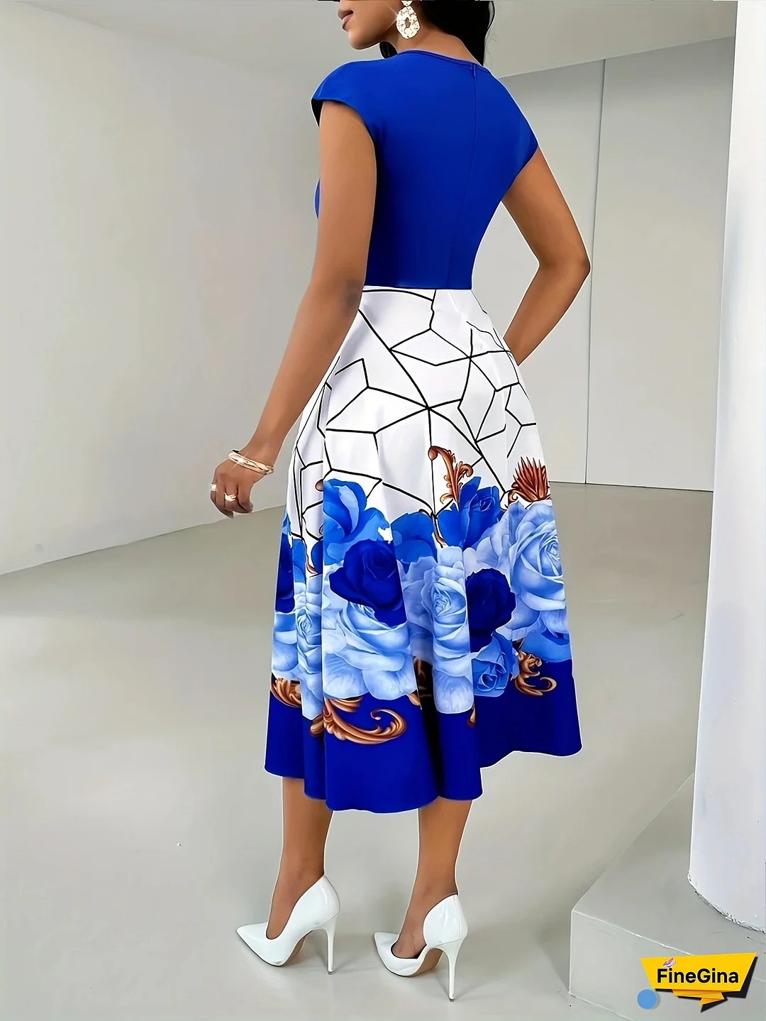 Women's Elegant Summer A-Line Dress - Blue Floral Print & White Geometric Contrast, Round Neck Short Sleeve Midi Dress with Flared Hem, Machine Washable for Casual & Formal Occasions, Cute Summer Dresses, Nontransparent Fabric