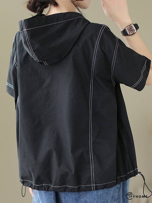 Loose Short Sleeves Zipper Hooded T-Shirts Tops | IFYHOME
