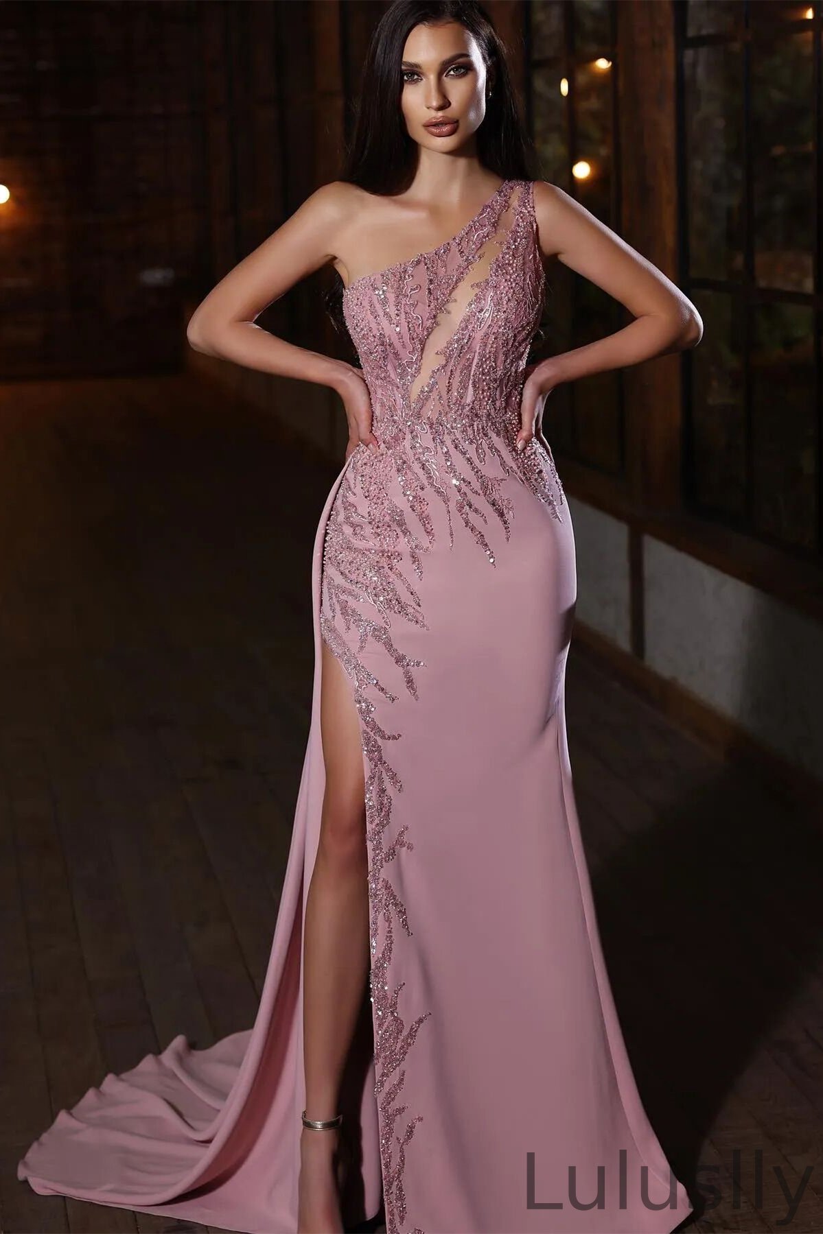 Luluslly One Shoulder Pink Evening Dress Mermaid Long Slit WIth Beads Sequins