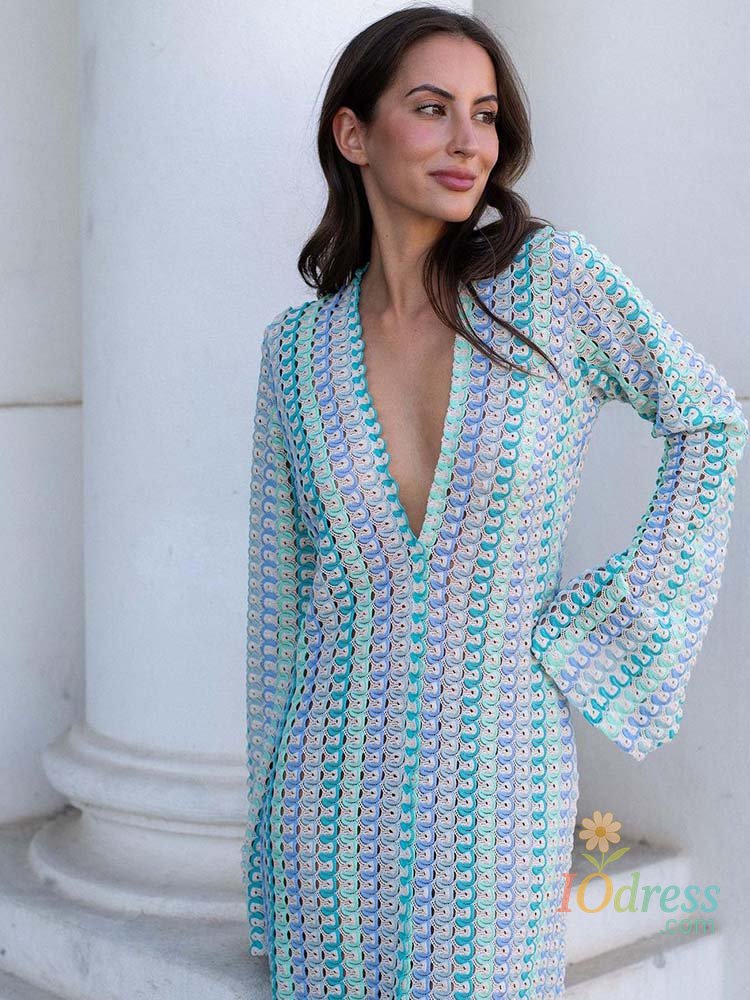 IO Dress 2024 Women Deep V Neck Casual Bohemian Maxi Dress Elegant Straight Flare Long Sleeve Vestidos  Sexy Beach Vacation Party Robe IO Dress