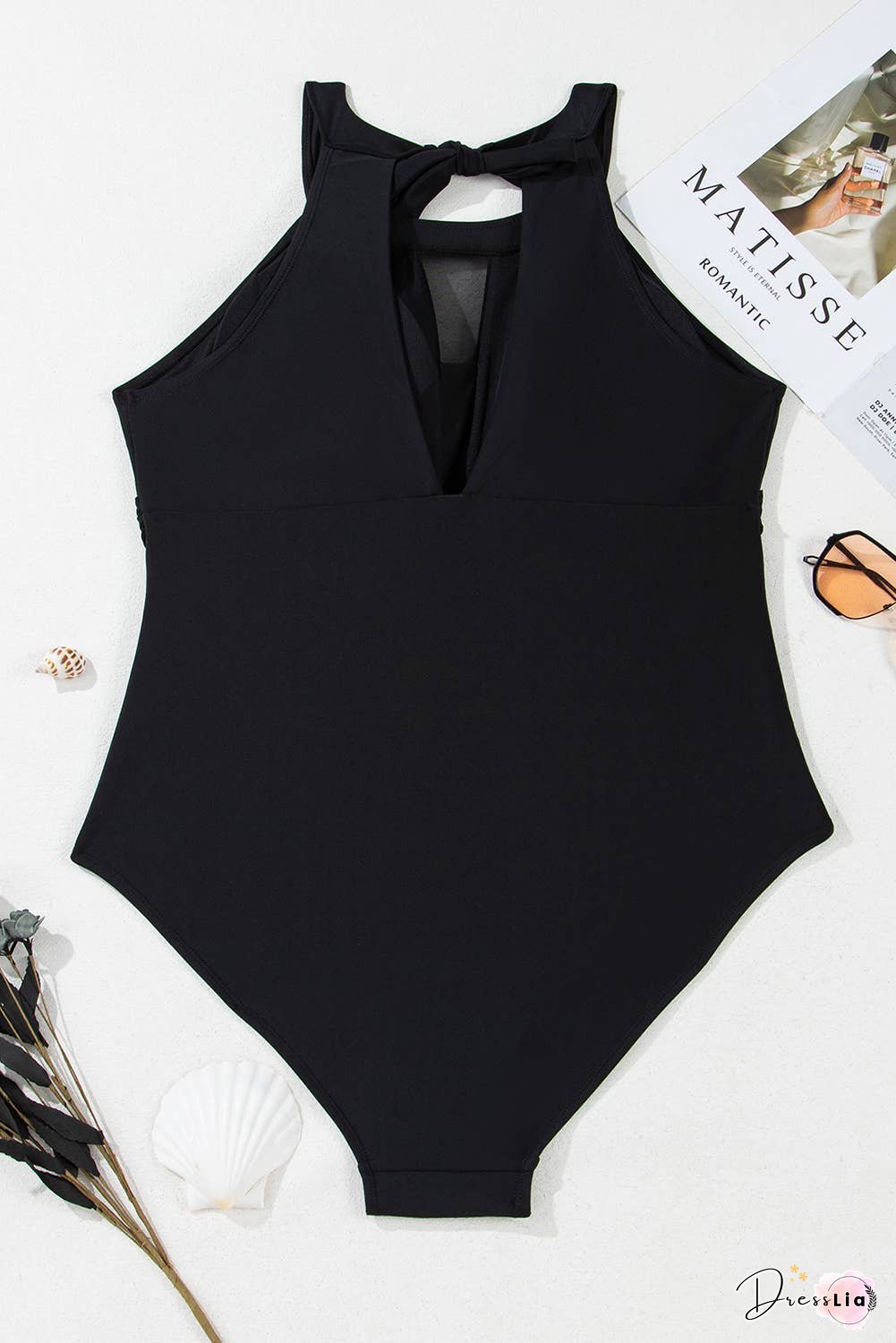 Halter Mesh Insert Knotted Back One Piece Plus Size Swimsuit