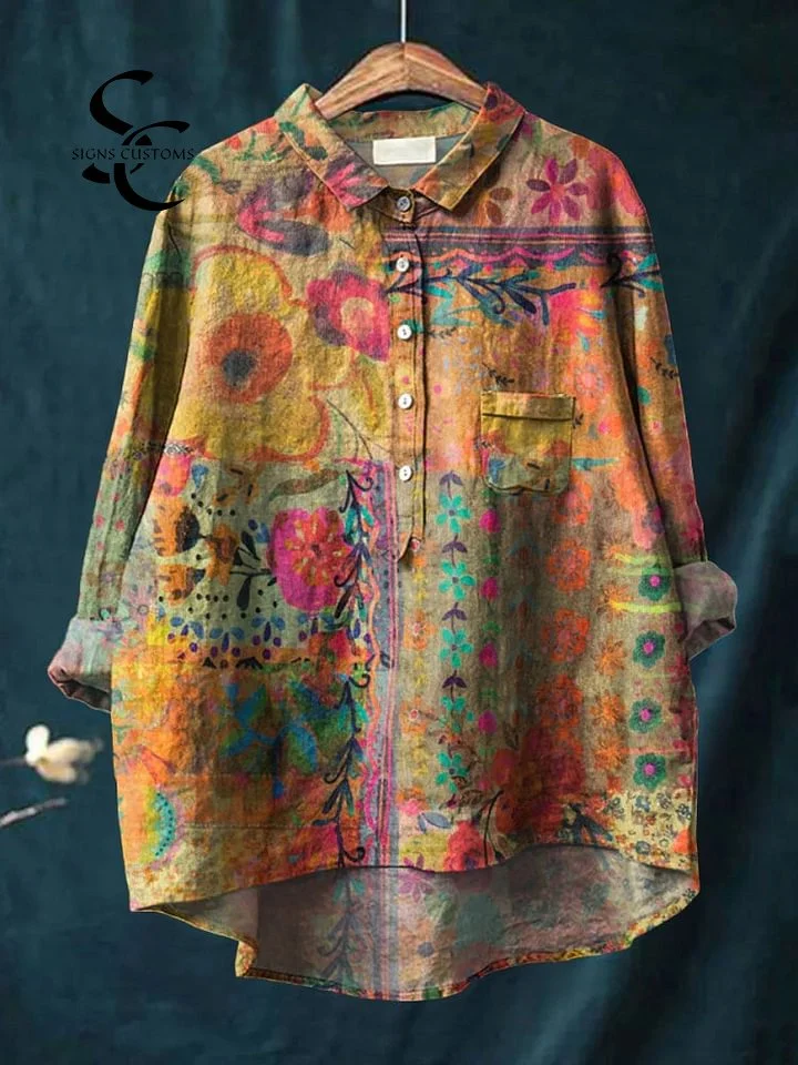 Women's Vintage Flower Art Print Casual Cotton And Linen Shirt
