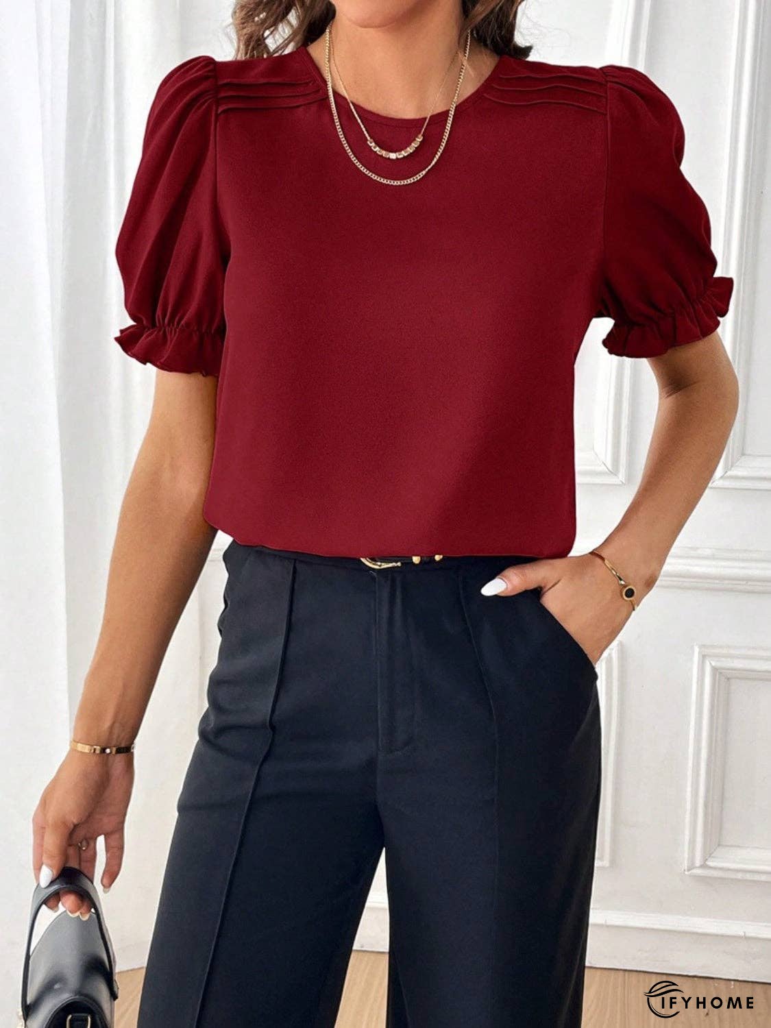 Round Neck Flounce Sleeve Blouse | IFYHOME