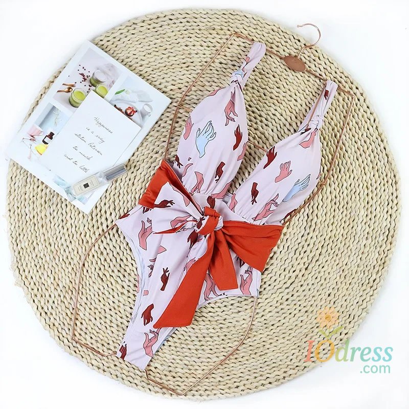 IO Dress 2025 New Sexy One Piece Swimsuit Swimwear Women Deep V-neck Backless Hands Print Large Bowknot High Waist Beachwear Bathing Suit