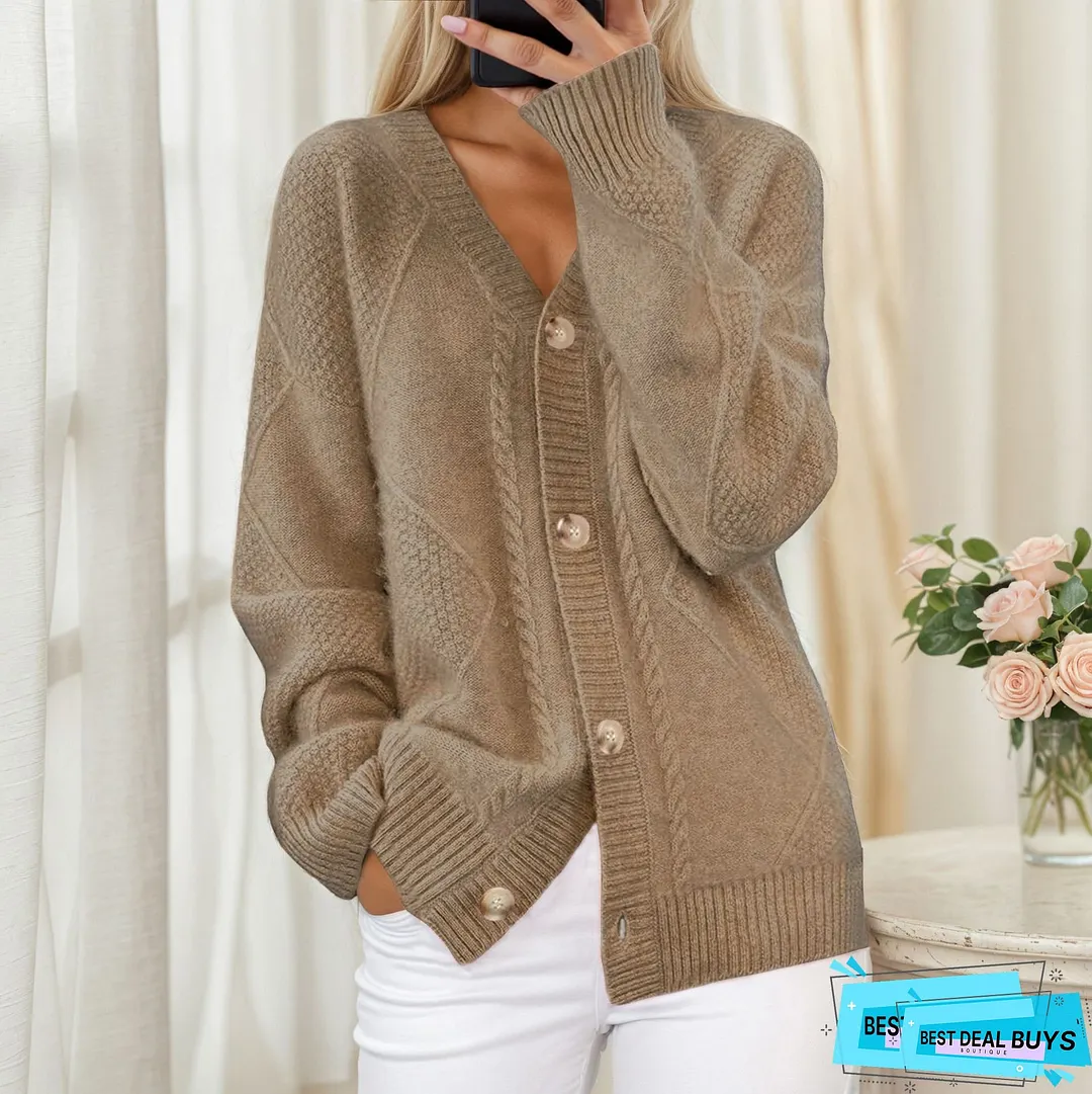 Womens Elegant Beige Cardigan Soft Sweater with Front Button Closure Chic for FallWinter