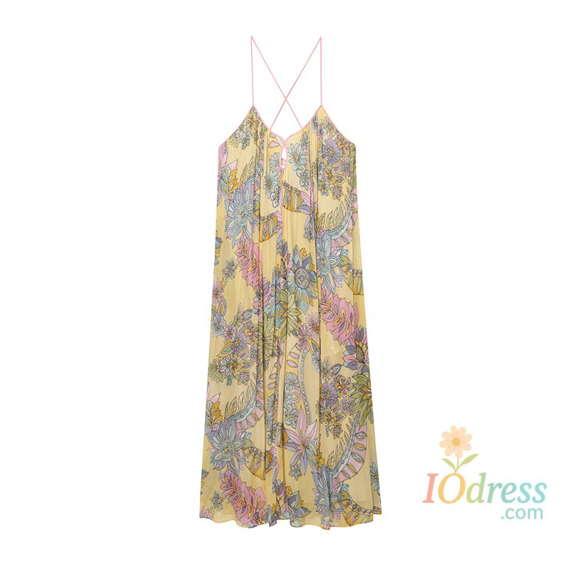 IO Dress Summer Dress Women's 2025 New Fashion Print Loose V-neck Camisole Elegant Women Summer Travel Long Dress Chic Youth Party Dress