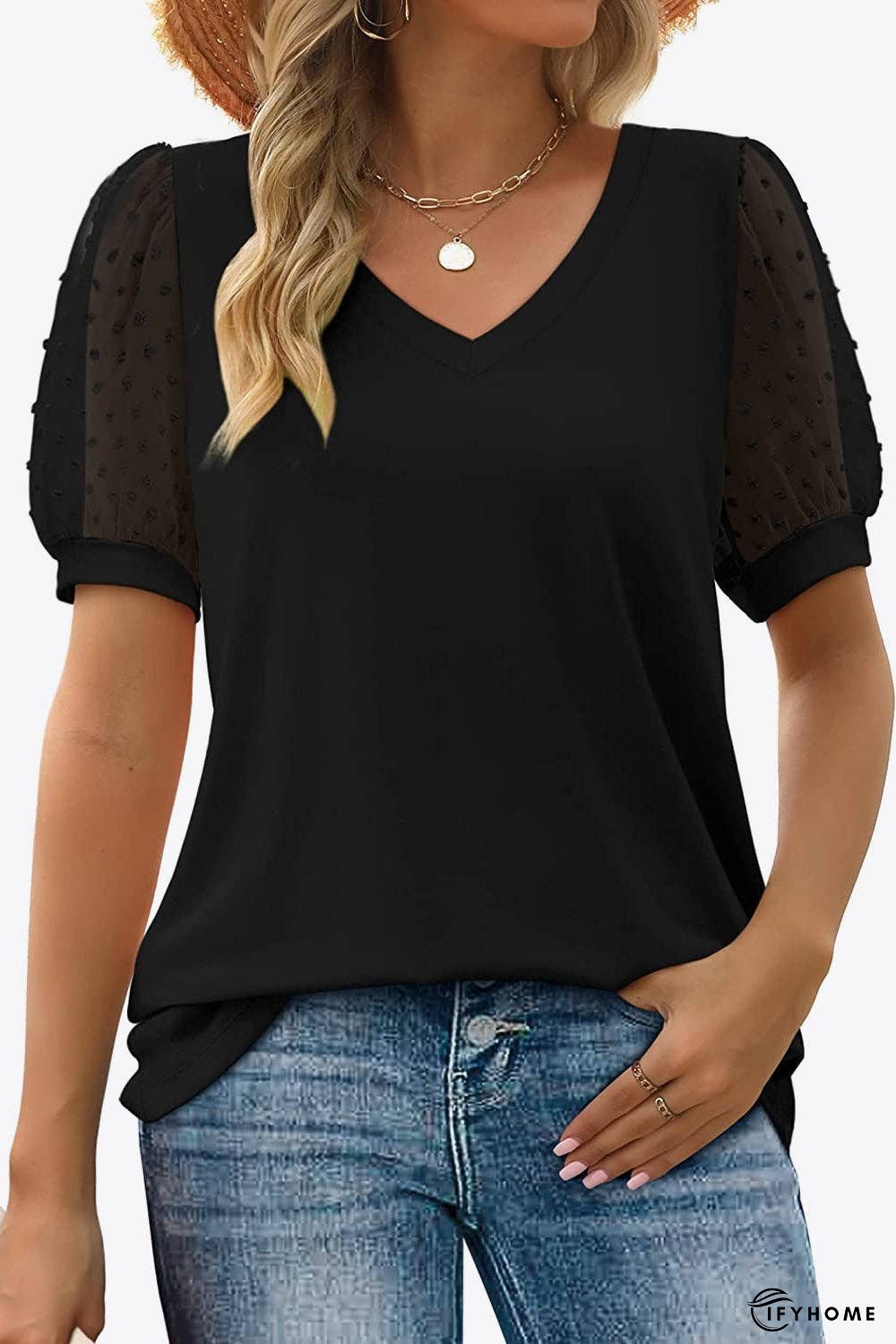 Swiss Dot Puff Sleeve V-Neck Tee | IFYHOME