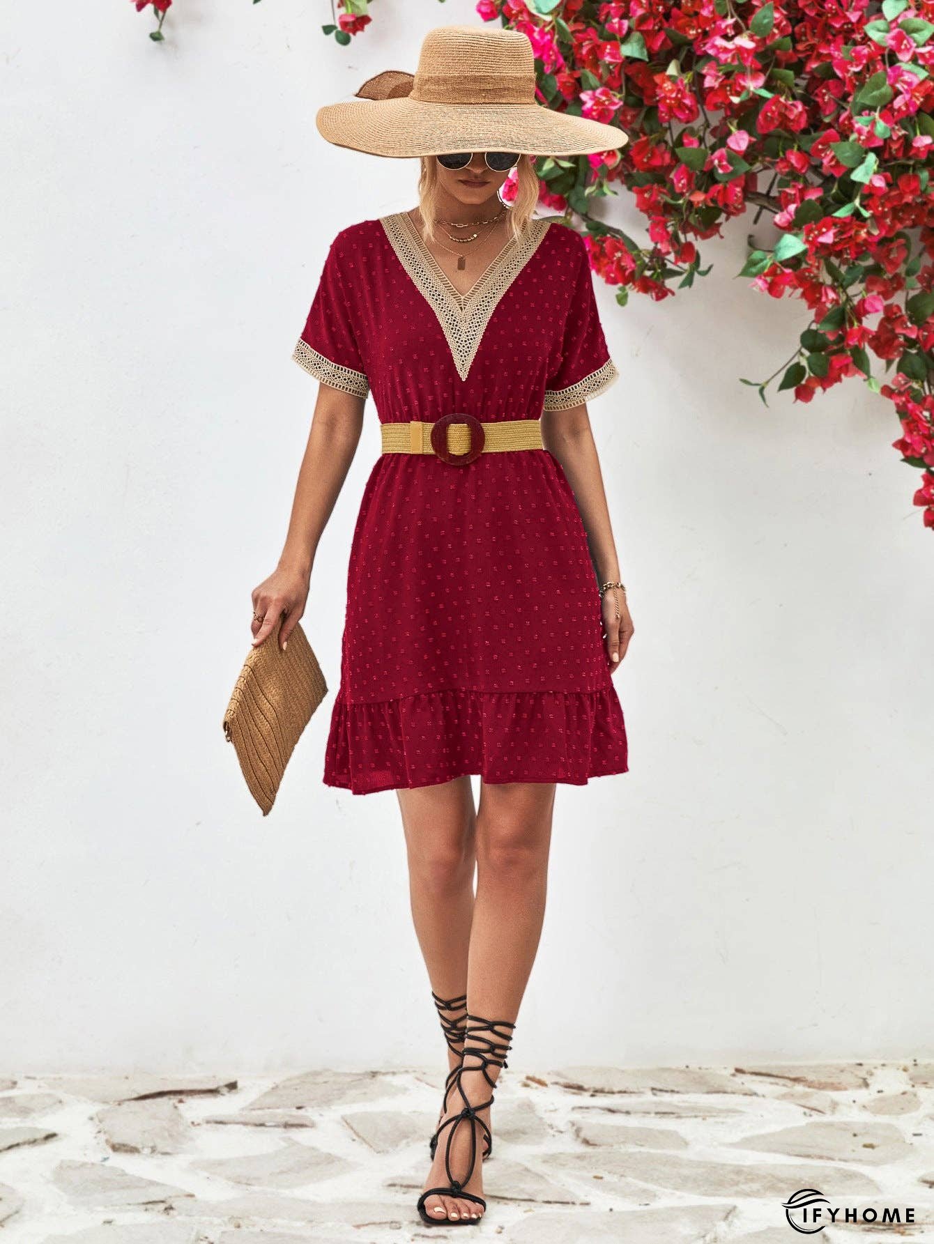 Contrast V-Neck Short Sleeve Mini Dress | IFYHOME