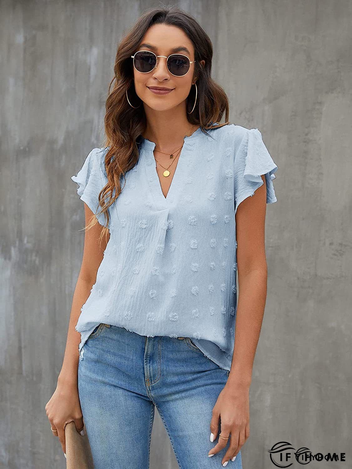 Lace Detail V-Neck Flounce Sleeve Blouse | IFYHOME