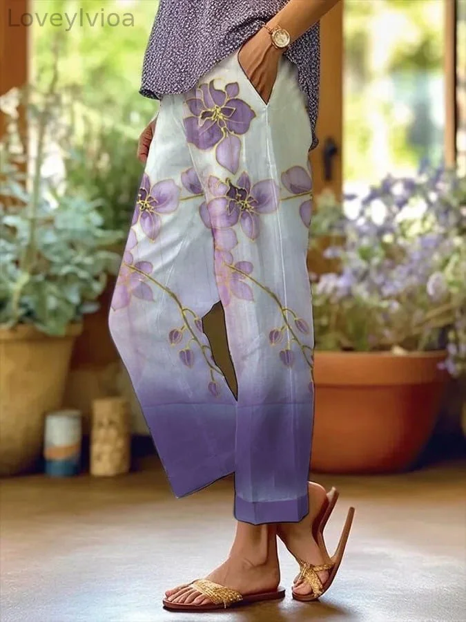 Women's Purple Floral Pansy Printed Casual Pants