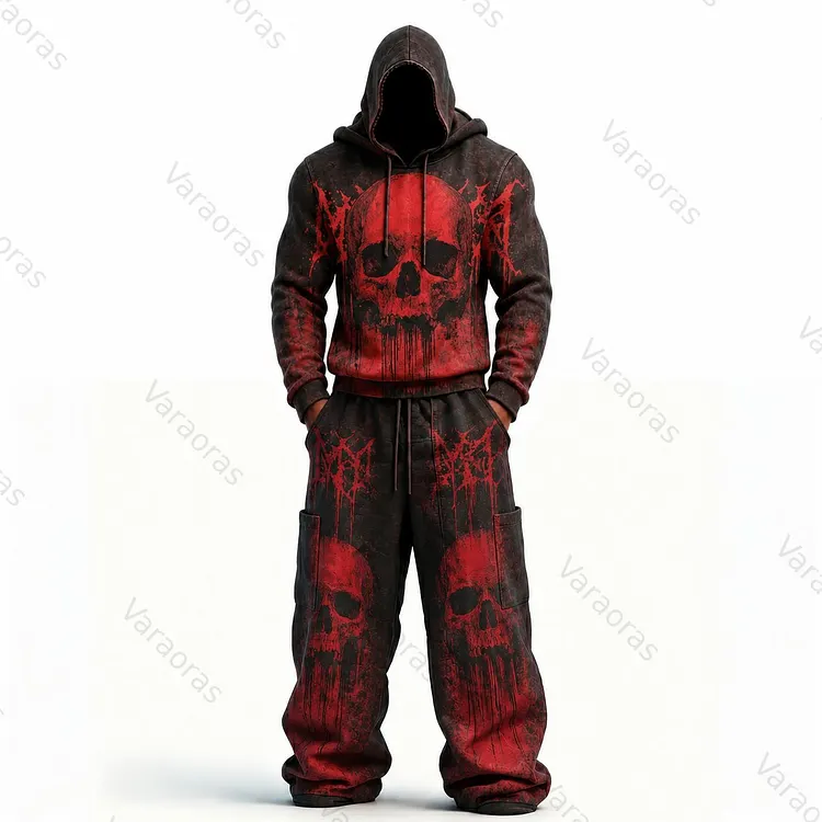 Men's Fashion Skull Contrast Color Embroidered Hoodie & Pants Two-Piece Set 8036