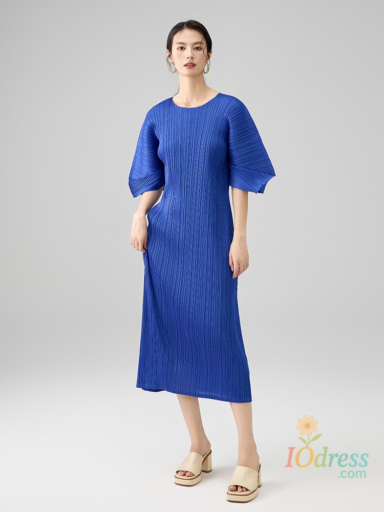 IO Dress Miyake Pleated Solid Color Dress 2025 Summer New Premium Feeling Round Neck Loose Fashion Comfortable Casual Long Dresses