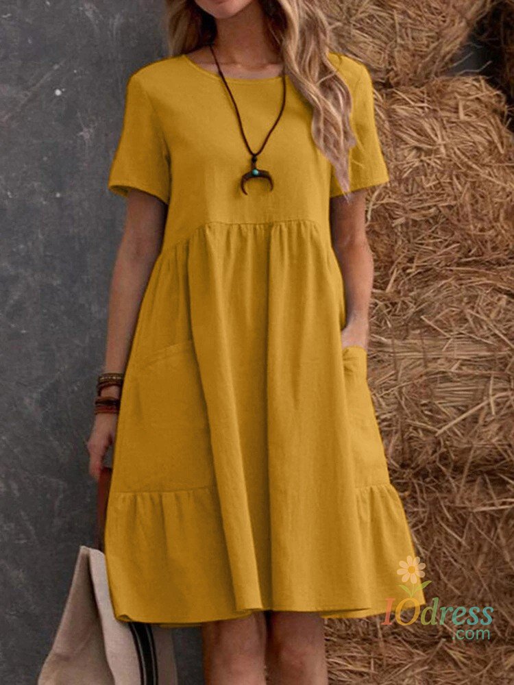 IO DressCasual Loose Solid Color Short Dresses For Women 2024 Summer Simple  A-Line Pocket Midi Dress Elegant Vintage Female Dresses IO Dress
