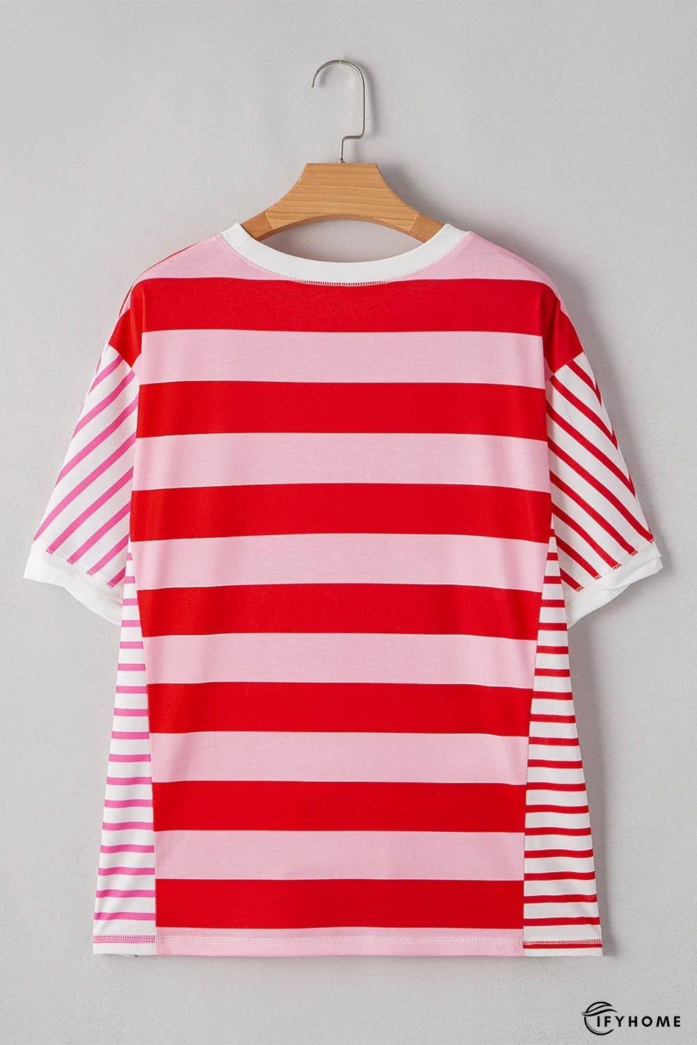 Stripe Patchwork Round Neck Side Split Loose T Shirt | IFYHOME