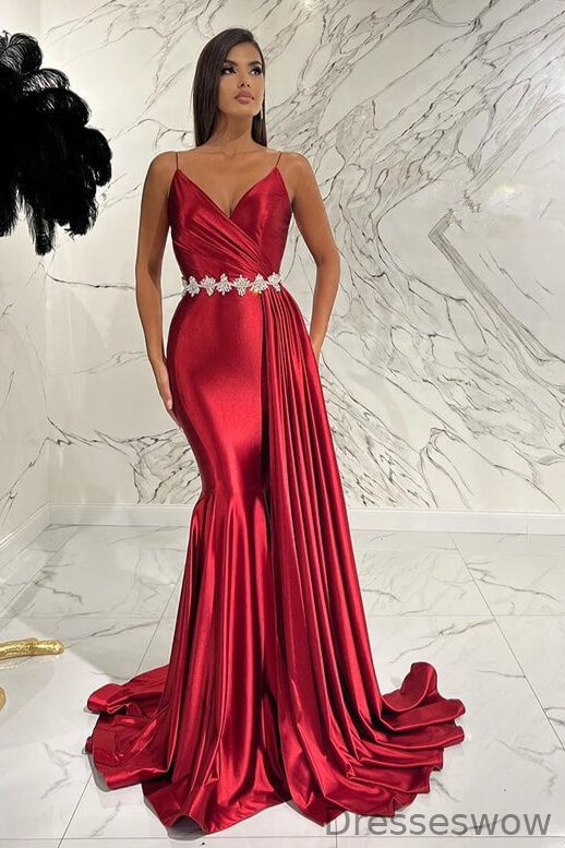 Dresseswow Burgundy Spaghetti-Straps V-Neck Mermaid Evening Dress Sleeveless With Ruffles