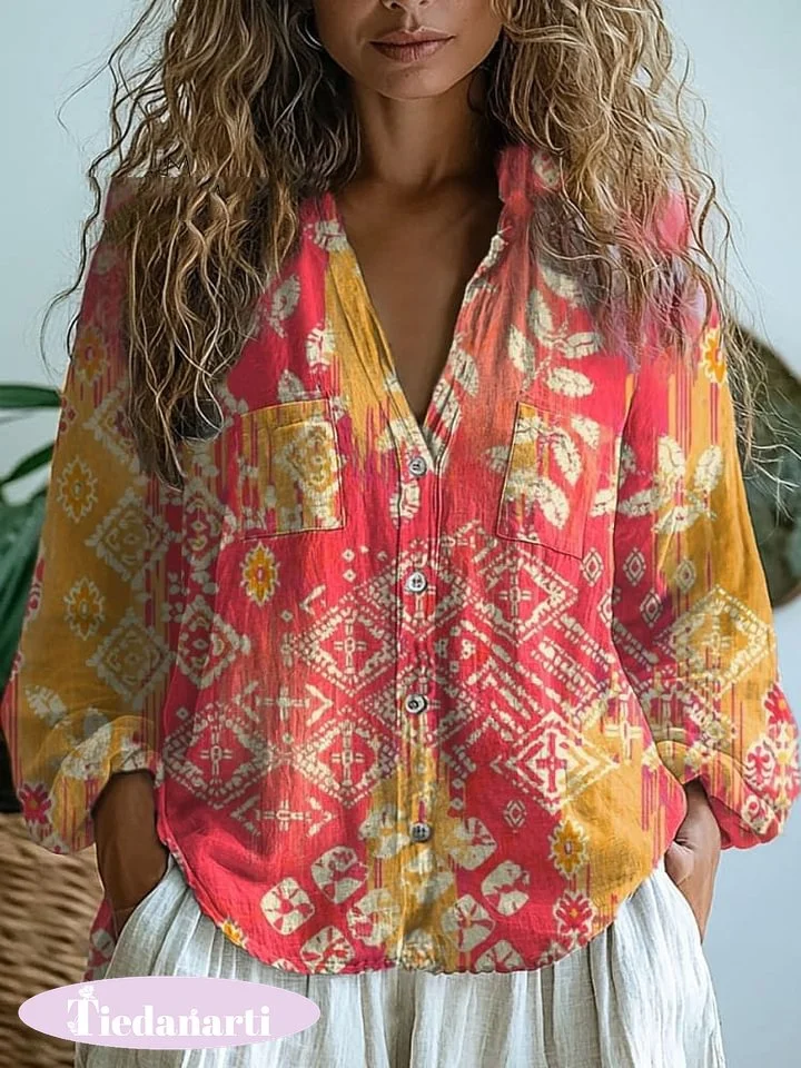 Women's  Retro Floral Art Print Casual Long Sleeve Comfortable Cotton Shirt