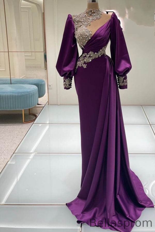 Bellasprom Purple High Neck Long Sleeves Mermaid Prom Dress With Ruffles Beadings Appliques Bellasprom