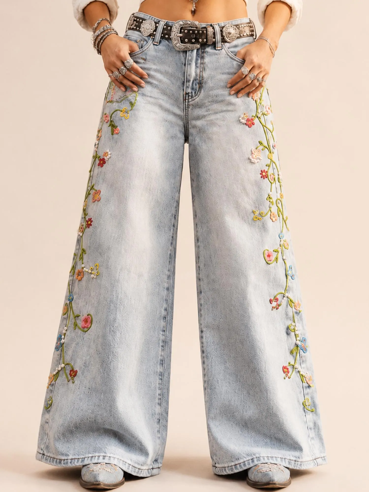 Perfect for Country Music Festivals &mdash; Light Wash Blue Women's Floral Embroidered Pearl Beaded Cotton Denim Wide-Leg Jeans（Belt not included）