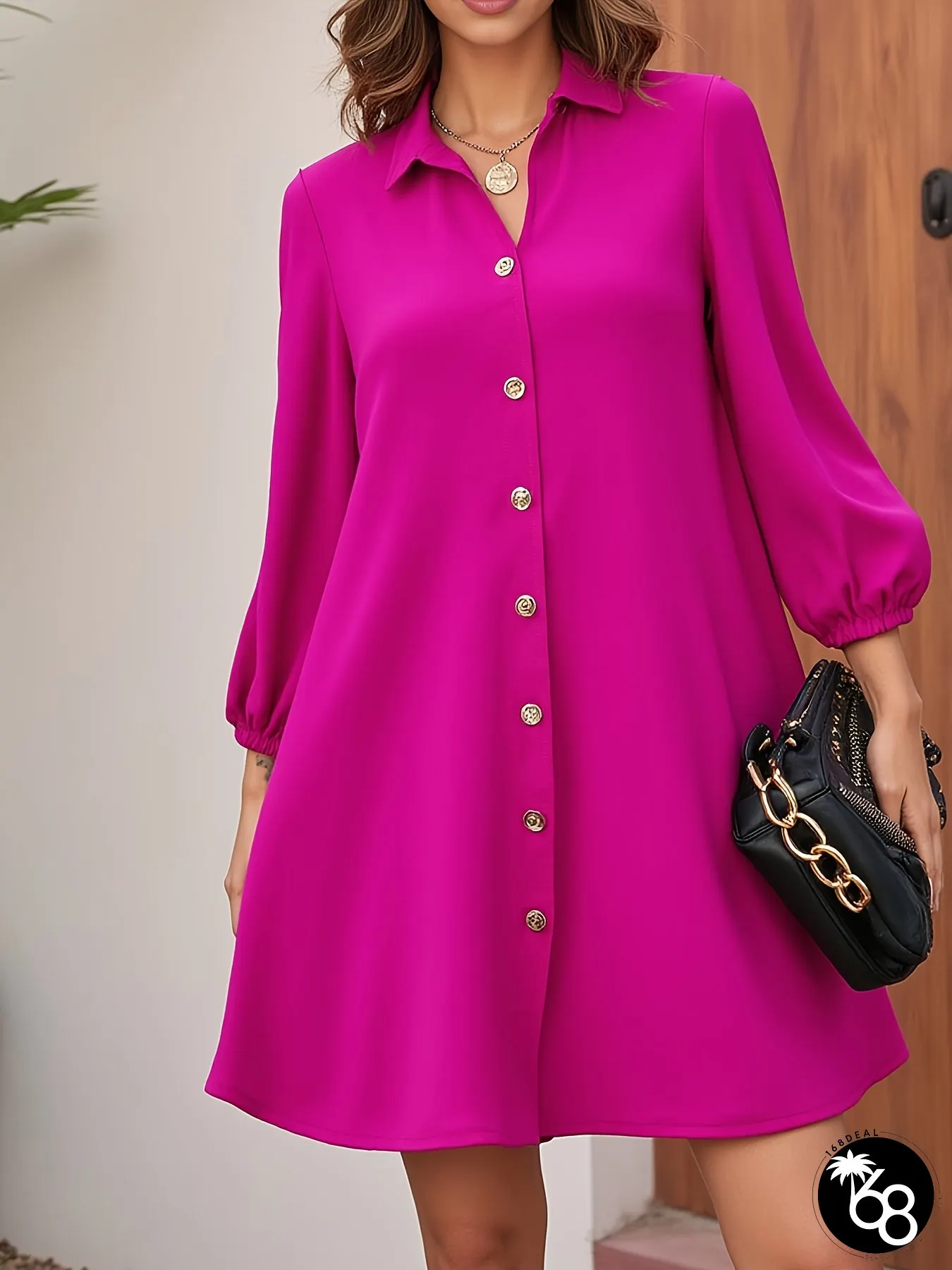 Collared Button - Lantern - Sleeve Dress, Minimalist Commute - Style Bright Pink Shirt Dress | 168DEAL