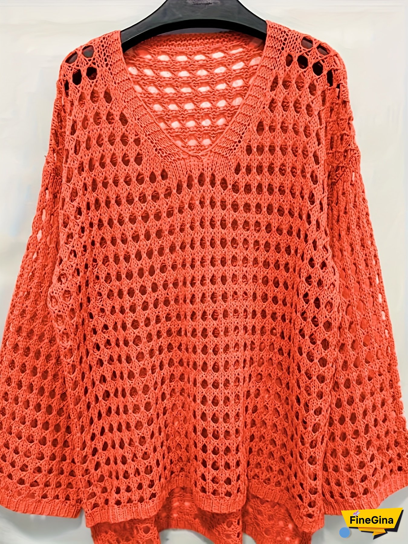 Plus Size Women's Casual Lace- Sun-Protective Long Sleeve Top - Vibrant Orange Semi-Sheer Openwork Design, Relaxed Fit Round Neck Pullover for Spring/Summer, Medium Stretch Fabric