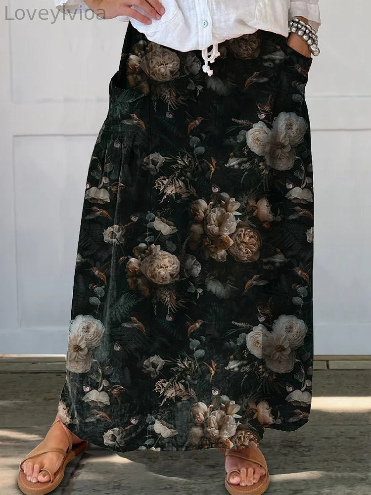 Women's Vintage Floral Peonies and Birds Linen Pocket Skirt