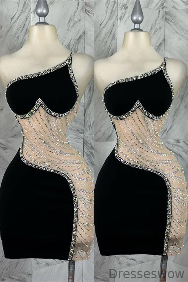 Dresseswow Black One Shoulder Short Ball Dresses Sleeveless With Beadings