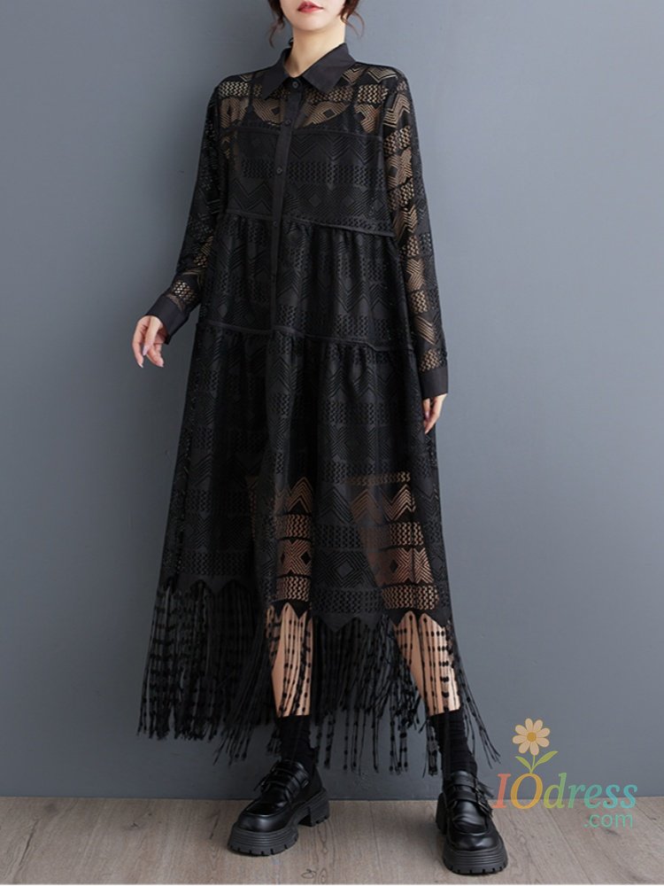 IO Dress SMTHMA 2025 New Spring Autumn Fashion Style Lace Patchwork Long Dress Women's Black Versatile See Through Loose Shirt Dresses IO Dress