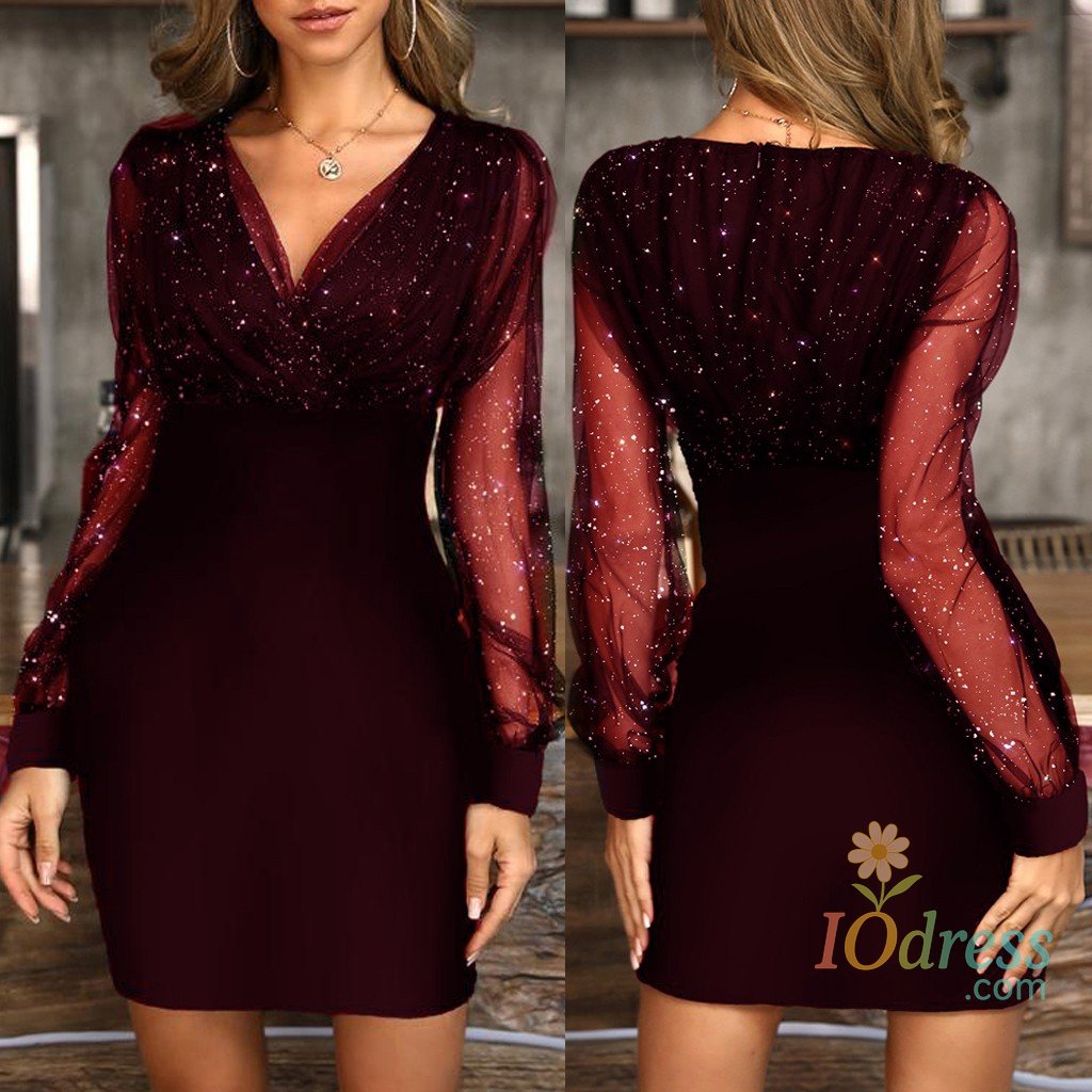 IO Dress Ladies' Sexy Retro Elegant Mesh Long Sleeve Evening Short Dress Fashion Minimalism Slimming Sequins V-neck Party Mini Skirt