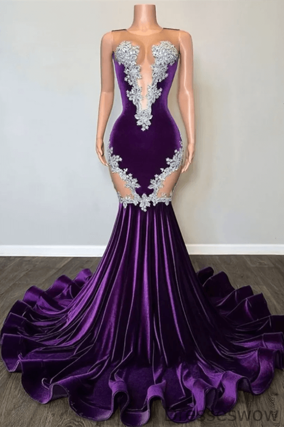 Dresseswow Purple Scoop Sleeveless Mermaid Graduation Dress With Beadings Appliques Online
