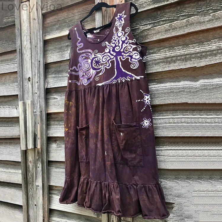 Mystic Golden Sun Purple Forest Pocket Midi Dress