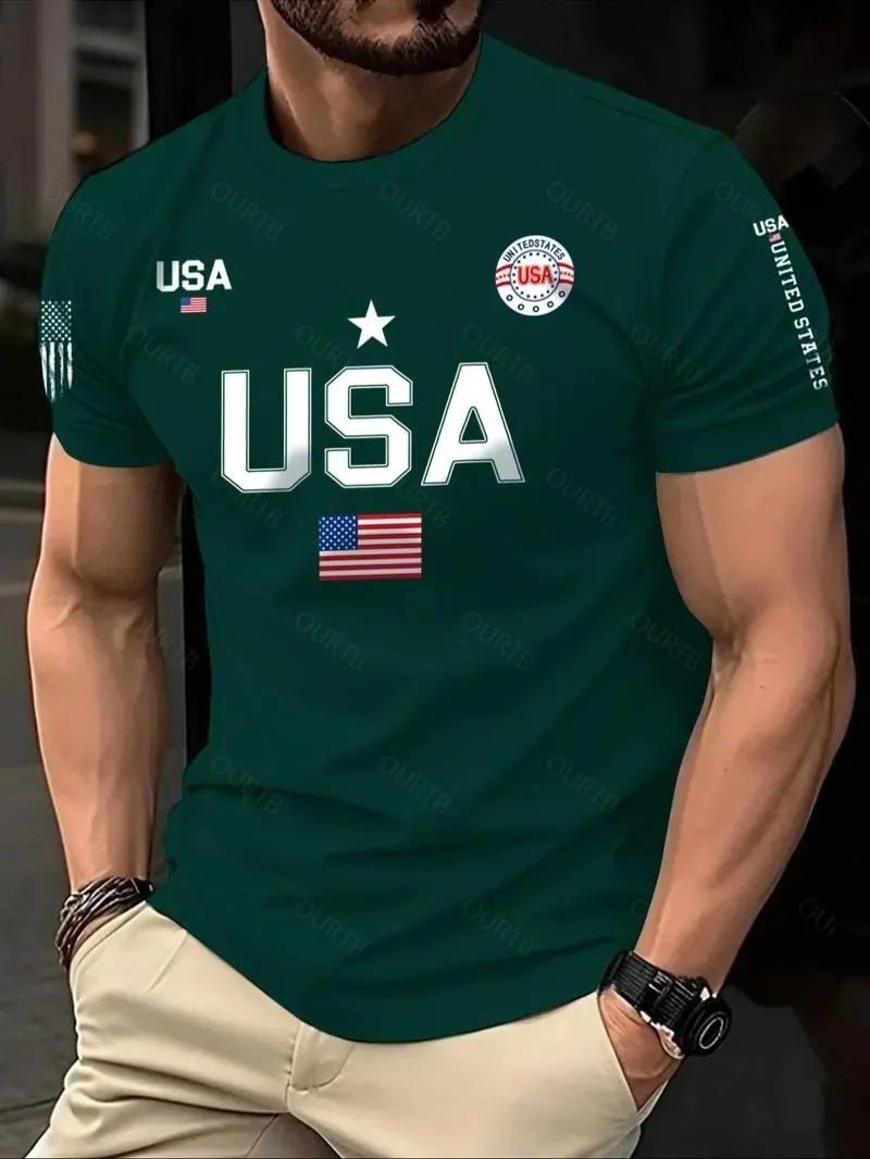 Men's USA Flag Print Round Neck Tee, Regular Fit Casual Short Sleeve Crew Neck T-Shirt for Summer, Fashion Men's Top for Daily Wear Men's USA Flag Print Round Neck Tee, Regular Fit Casual Short Sleeve Crew Neck T-Shirt for Summer, Fashion Men's Top for Daily Wear