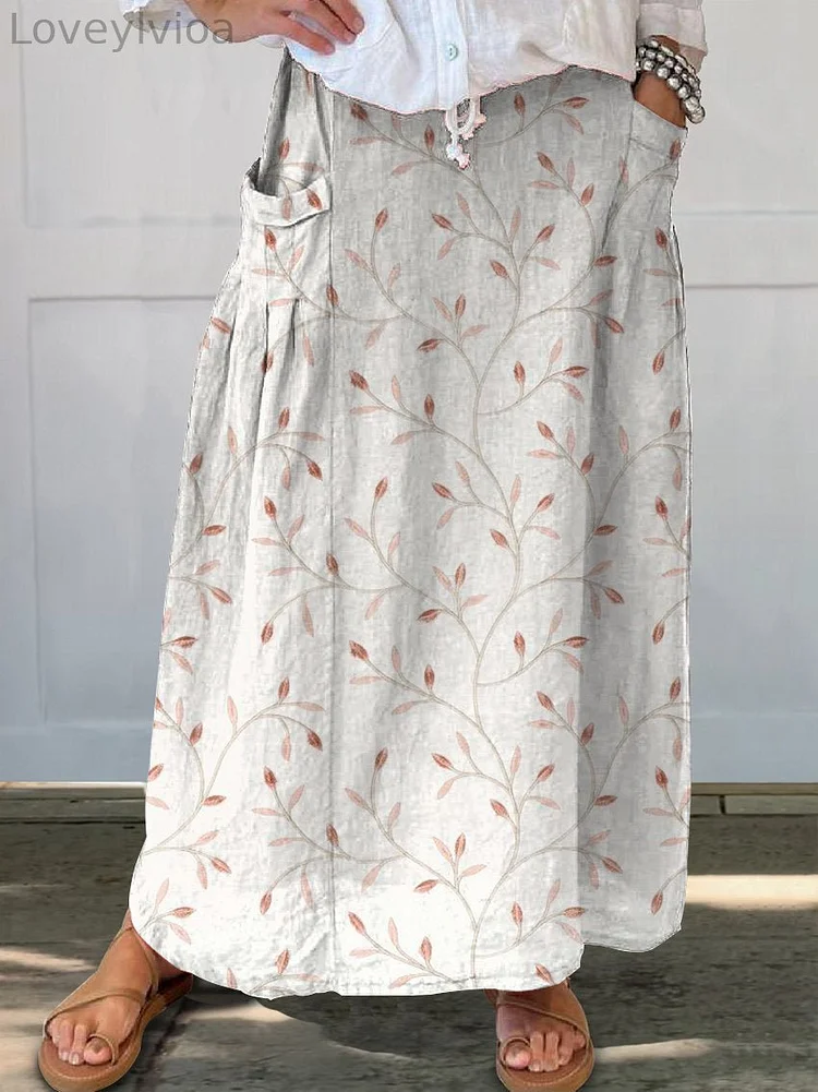 Women's Vintage Floral Art Linen Pocket Skirt